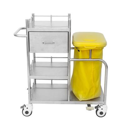 China Hoge capaciteit ziekenhuis roestvrijstalen trolley met vuil zak en remrollen Ss dressing trolley Te koop