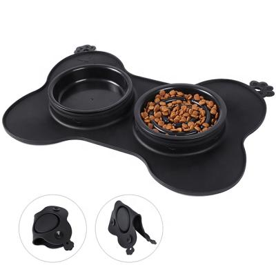 China Viable Wholesale Customizable Silicone Mat With Dog Bowls Dog Bowls Double Bones Silicone Food Portable Pet Slow Bowl for sale