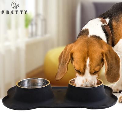 China Pretty Stain Sustainable Custom Logo Stainless Steel Double Bowl For Pet Anti-Slip 800ml*2 Pet Rolls Home Dog Bone Silicone Dog Feeder for sale