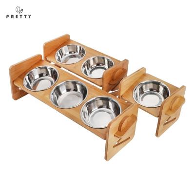 China Adjustable Non-automatic Pet Food Drinking Bowl Dog Bamboo Cat Feeder Wooden Frame Raised Animal Holder with Ceramic Elevated Double Bowl for sale