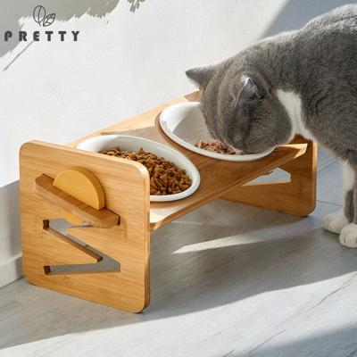 China Non-automatic Wooden Stand Pet Bowls Elevated Cat Bowls With Bamboo Stand Wooden Titled Bowls For Cats And Puppy Pets for sale