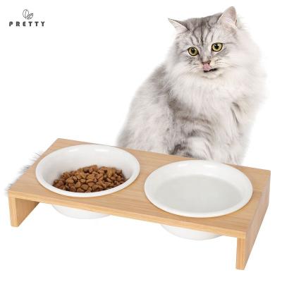 China Non-automatic Cat Water Feeder Pet Bowl for Cats and Dogs Cat Food Water Bowl Holder Adjustable Bamboo High Feeder with 2 Ceramic Bowls for sale