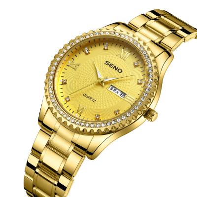 China Men's Seno Chenuo Gold Watch Men's Fashion Diamond Dial Luminous Hands Dual Calendar for sale