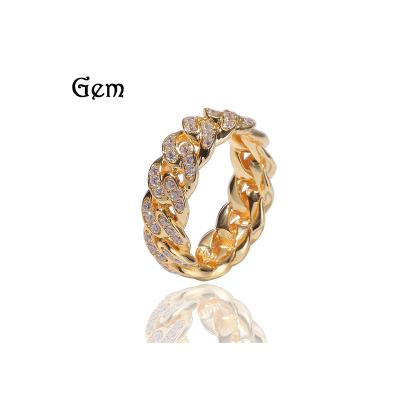 China Men's Europe and America hip hop stone Cuba chain ring 8mm full of the trend men's zircon plated gold ring for sale