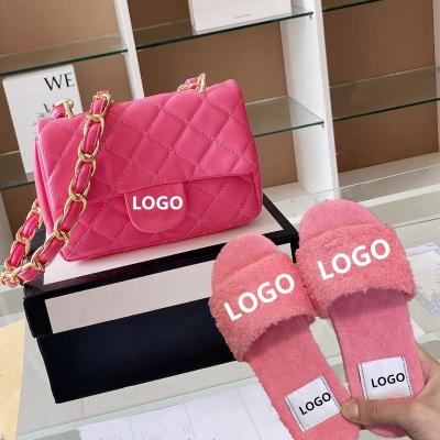 China Fashion Trend 2021 Summer Luxury Candy Color Shoulder Cross Body Chain Square Bags And Slippers Set C Logo Designer Purses Shoes Fur Matching for sale