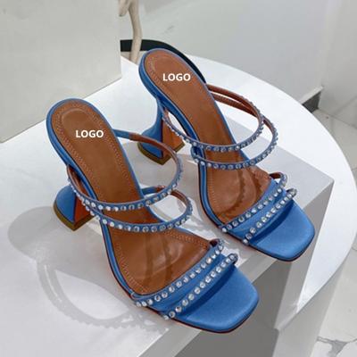 China Guangzhou Breathable 2022 Famous Shoes Genuine Leather Material Silk Diamond Heels Sandals Fashion Women's Luxury Sexy Slippers 9.5cm for sale