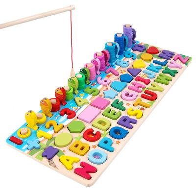 China DIY TOY 6 in 1 Montessori Puzzle Game Multifunctional Logarithmic Fishing Educational Wooden Games Kids Count Numbers Matching Board for sale