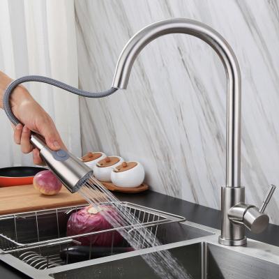 China Modern 304 stainless steel kitchen pull faucet hot and cold mixed water drawing rotating vegetable sink telescopic head for sale