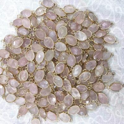 China Rose Quartz Teardrop Drop Stone Gold Plated Bezel Faced Gemstone Connector for sale