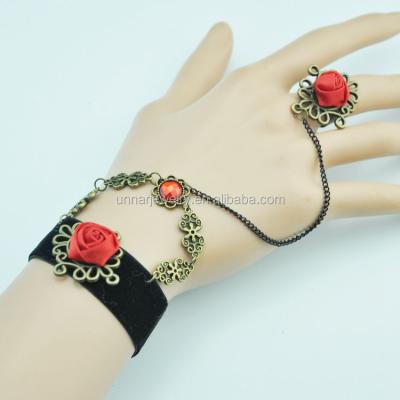 China Cheap Red ALLOY Yiwu Cloth Rose Flower Ring Lace Bracelet Bridal Wedding Jewelry Accessory for sale