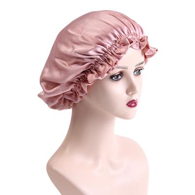 China Hot Selling Solid Color Mulberry Silk Sleep Cap Double Sided Pink Hair Hood And Silk Wrap Custom Logo for sale