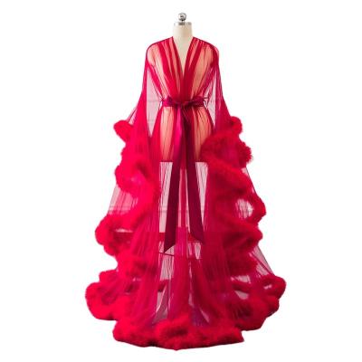 China Sexy Bridal Red Illusion Sheer Bridal Tulle Long Dress Bridal Boudoir Dressing Gown Feather Illusion Floor Length Dress for sale