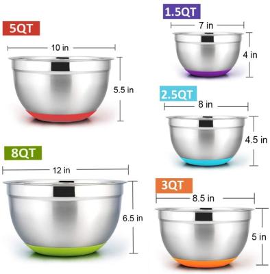 China Sustainable Salad Bowl 5 Set Non-Slip Stainless Steel Mixing Bowls Set With Lids for sale