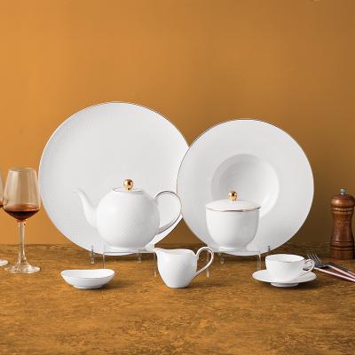 China Disposable Unbreakable Royal Wares Luxury Tableware Set Elegant Gold Rim Design Bone China White Porcleain Dinner Set For Wedding Banquet for sale