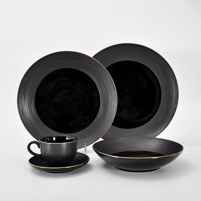 China Rustic Style Stocked 4pcs Dining Set Italian Vintage Glazed Design Dinnerware Dinnerware Porcelain Black Dinner Set for sale