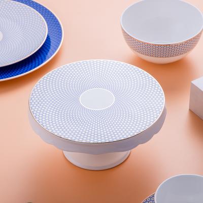 China Wholesale hotel factory style European modern blue decal ceramic cake dish set wedding cake stand with lid for sale