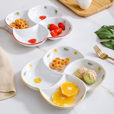 China Restaurant Tableware Strawberry Printing 4 Compartment Divider Dish Snack Fruit Candy Starter Plate Stocked Ceramic Serving Tray for sale