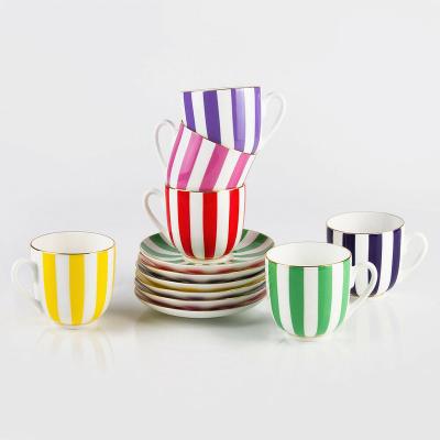 China European Luxury Disposable Cup and Saucer Set Classic Stripe Decal Design Porcelain Latte Coffee Tea Cup with Saucer for sale