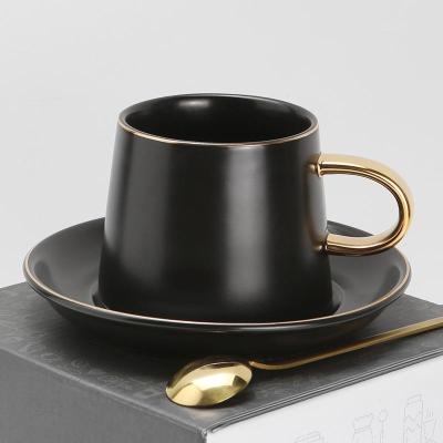 China Modern Custom Gold Rim Couple Gift Cups Multicolor Matte Glazed Ceramic Novelty Saucer Cup Set With Spoon for sale