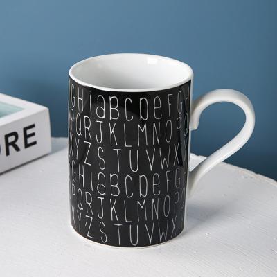 China Stocked alphabet printed straight black white glazed ceramic porcelain coffee milk mugs custom mug for wedding gifts for sale