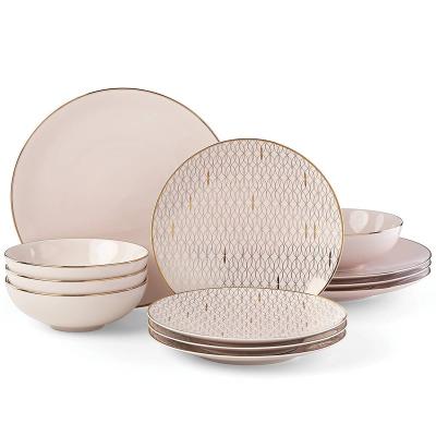 China Restaurant CLASSIC Luxury Wedding Dinnerware Creative Printed Dishes Sets Pink Glazed Ceramic Dinnerware Sets With Gold Rim for sale