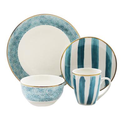 China Custom Viable Gift Wedding Party Gold Rim Porcelain Dinner Sets Round Salad Bowls Bowls Mugs Blue Decal Casual Ceramic Dinnerware Set for sale