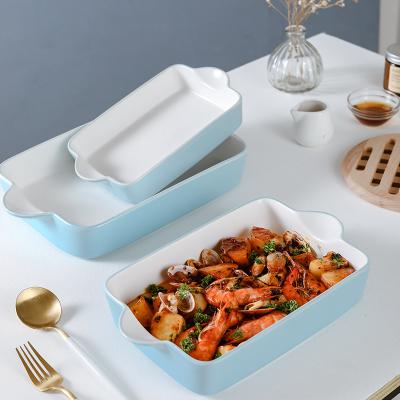 China High Quality Rectangle Kitchenware Restaurant Cake Bread Stored Blue Glazed Ceramic Bakeware Set of 3 Molds for sale