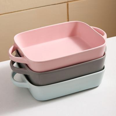 China Non-Stick Bread Cake Tray Rectangle Macaron Color Bakeware Ceramic Bakeware Bakeware With Two Handle for sale