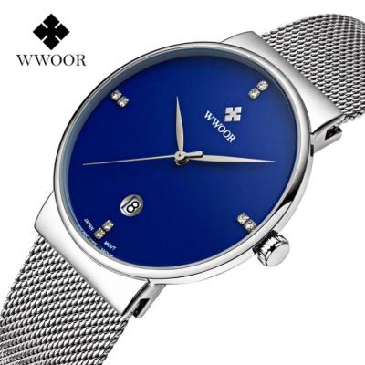 China Automatic date WWOOR 8018 fashion silver unisex quartz watches simple ultra thin waterproof mesh band business reloj watch for sale