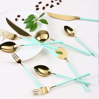 China 304 Stainless Steel Aden Series Western Cutlery Set Sustainable Ice Blue and Gold Color Flatware Set Sustainable for sale