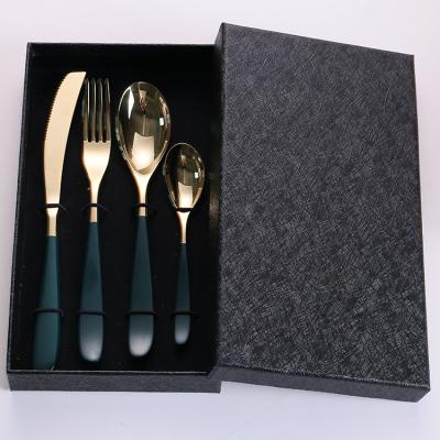 China Sustainable Hot Sale Wedding Flatware Set Gold Cutlery 4Pcs Black Series Gift Paper Boxes for sale