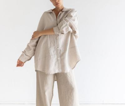 China QUICK DRY Fall 2023 Women Clothes Loose Long Sleeve Shirts Solid Comfortable Linen Pants 2pcs Plus Size Women's Sets for sale