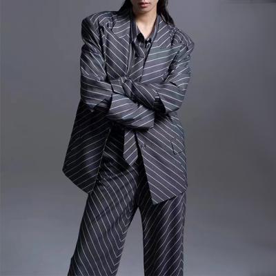 China Anti-wrinkle OEM&ODM Women Oversize Tweed Blazer Striped Polyester And Rayon Office Uniform Grey Blazer Set For Women for sale