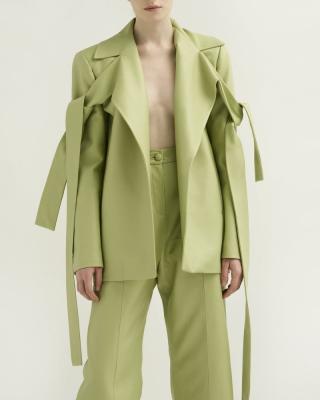 China Anti-wrinkle High quality satin green ladies blezer set luxury double breasted belt suits for ladies for sale