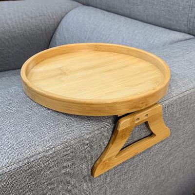 China Eco-Friendly Custom Round Foldable Side Tables Original Bamboo Sofa Armrest Clip-On Tray Ideal for Remote/Drinks/Phone for sale