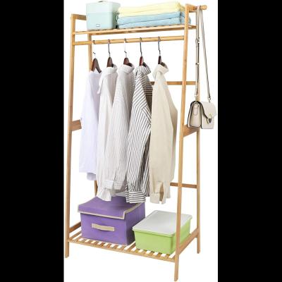 China Expandable Bamboo Clothes Hanging Rack with 2 Tier Storage Shelves and 2 Coat Hooks Laundry Rack Cloest Portable Organizer Garment Rack for sale