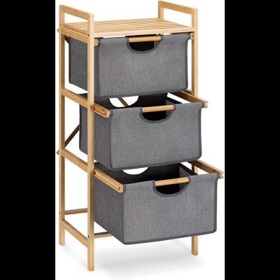 China Eco-Friendly Custom Made Bamboo Storage Rack 3 Tier Bathroom Dresser Tower Organizer with Bamboo Frame and Pull Out Fabric Baskets for sale