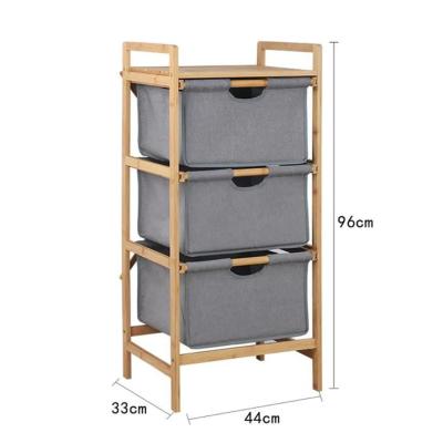 China Eco-Friendly Custom Tower 3 Bamboo Vertical Drawers Storage Dresser Sturdy Bamboo Frame With Easy Pull Fabric Trash Cans Multi-Trash Organizer for sale