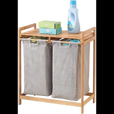 China 2 Section Eco-Friendly Custom Bamboo Hamper Laundry Bag Organizer Double Laundry Hamper Clothes Hamper With Lid for sale