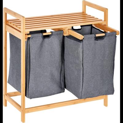 China Eco-friendly Custom Bamboo Laundry Hamper With Double Compartments Two Piece Laundry Hamper With Removable Sliding Bags And Shelf for sale