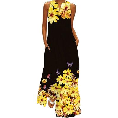 China XUYA Factory Direct Sales Anti-static Sleeveless V-Neckline Digital Printing Loose Waist Plus Size Casual Dress for sale