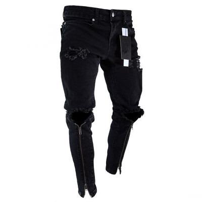 China Straight Mens Slim Fit Jeans Motorcycle XI Pleated Bermuda Pants Knee Hole Jeans Mens for sale