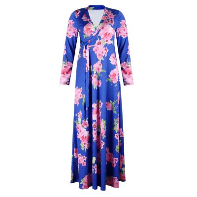 China 2021 Anti-static New Fashion Chinese Style Floral Printing Lace Up Tie V-Neck Maxi Dress With Sash Women Dress for sale