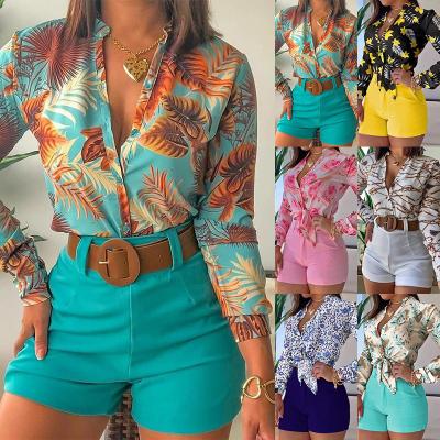 China Anti-pilling 2021 new autumn women's shirt light color ripe long sleeve printed stand collar temperament shirt women's clothing shorts set for sale