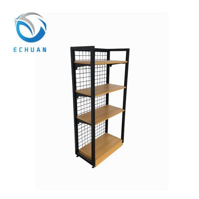 China Adjustable Shelves Supermarket Shelf Accessories Grocery Display Shelving Systems Mini Market Rack Wood Gondola Shelves No.ECHX01WI for sale