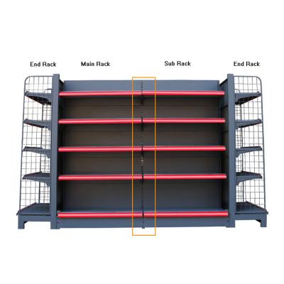 China Supermarket Equipment Display Rack Grocery Island Metal Double Sided High Quality Double Sided Shelf With End Rack Gondola Shelving for sale