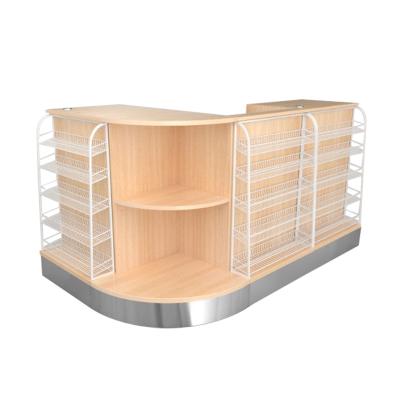 China High Quality Combination Cabinet Fashion MDF Supermarket Shelving Gondola Mini Mart Counters Grocery Equipment Wood Cashier Desk Checkout Counter for sale