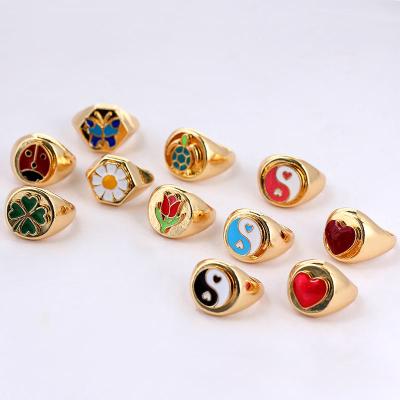 China Korean Cute Enamel Daisy Tulip Heart Yin and Yang Rings Stainless Steel 2021 Gold Color TREND Metal Rings for Women Jewelry for sale