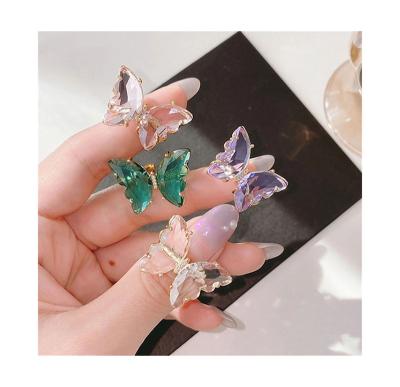 China Stainless Steel Butterfly Ring Women Simple Style Candy Color Elegant Colorful Transparent Glass Rings for sale