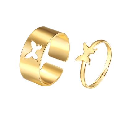 China TRENDY Punk Hollow Butterfly 2 Pieces Set Open Design Cute Couples Rings Adjustable Jewelry Women for sale